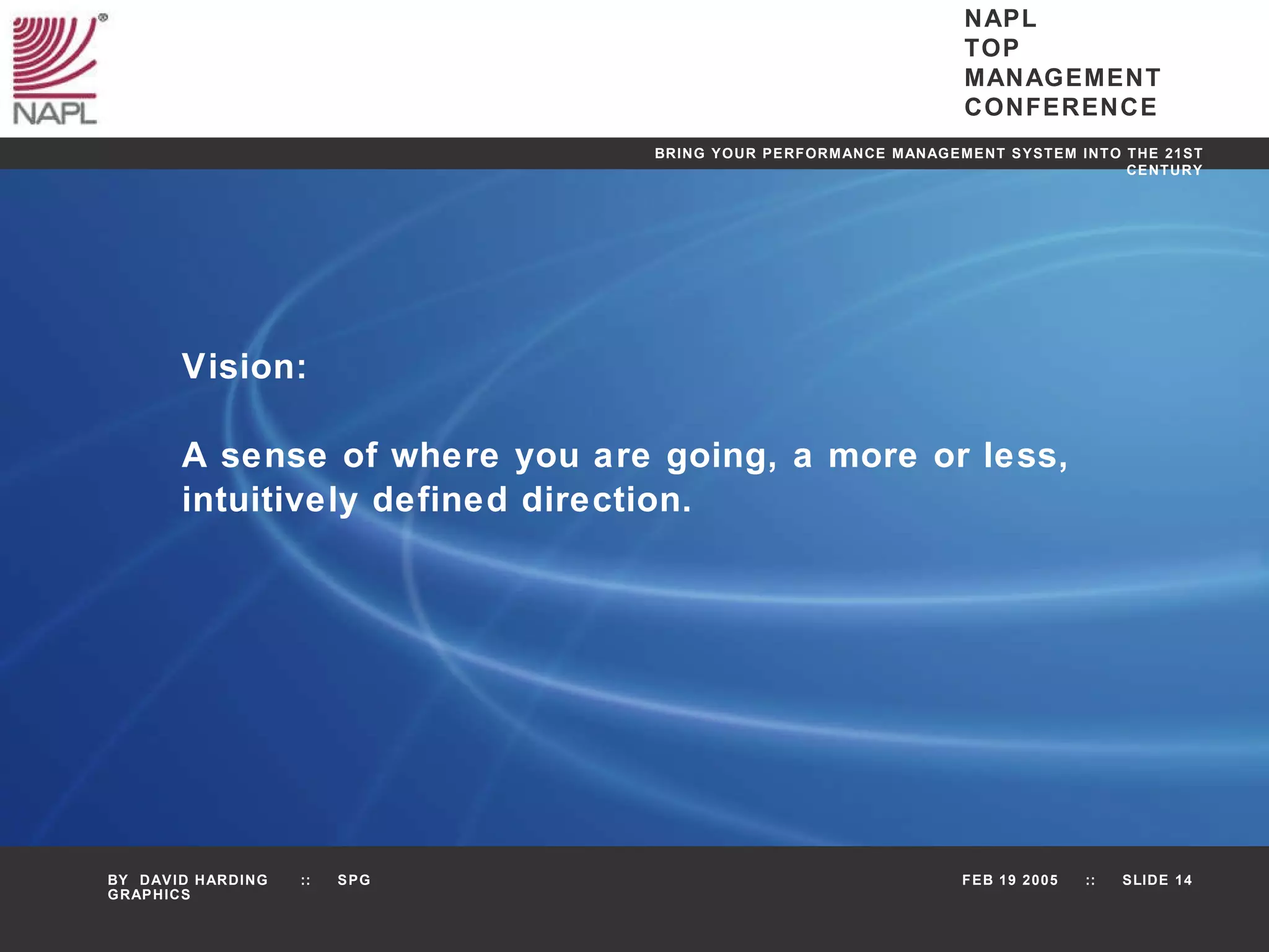 Vision:  A sense of where you are going, a more or less,  intuitively defined direction. 