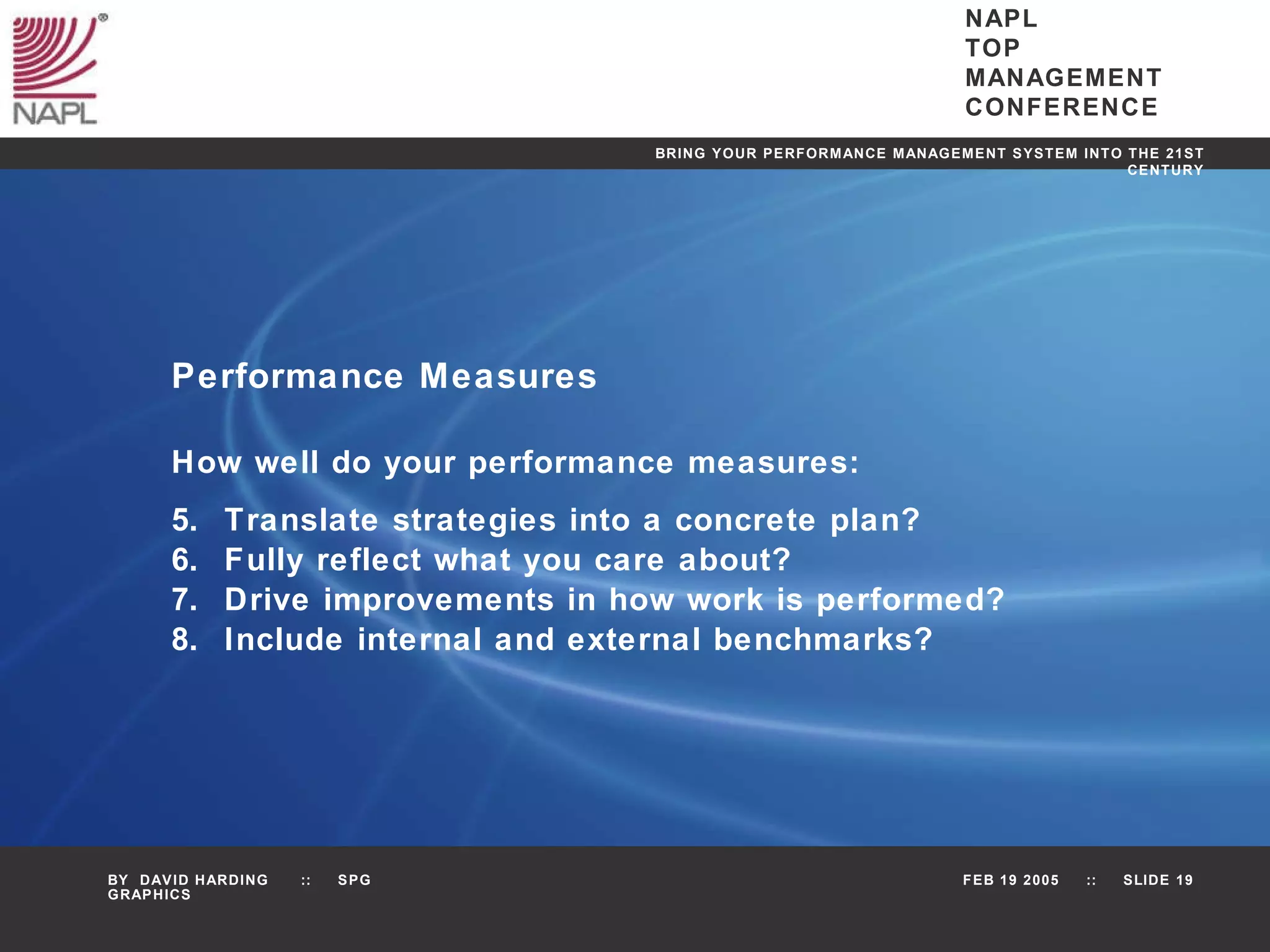 Performance Measures How well do your performance measures: Translate strategies into a concrete plan? Fully reflect what you care about? Drive improvements in how work is performed? Include internal and external benchmarks? 