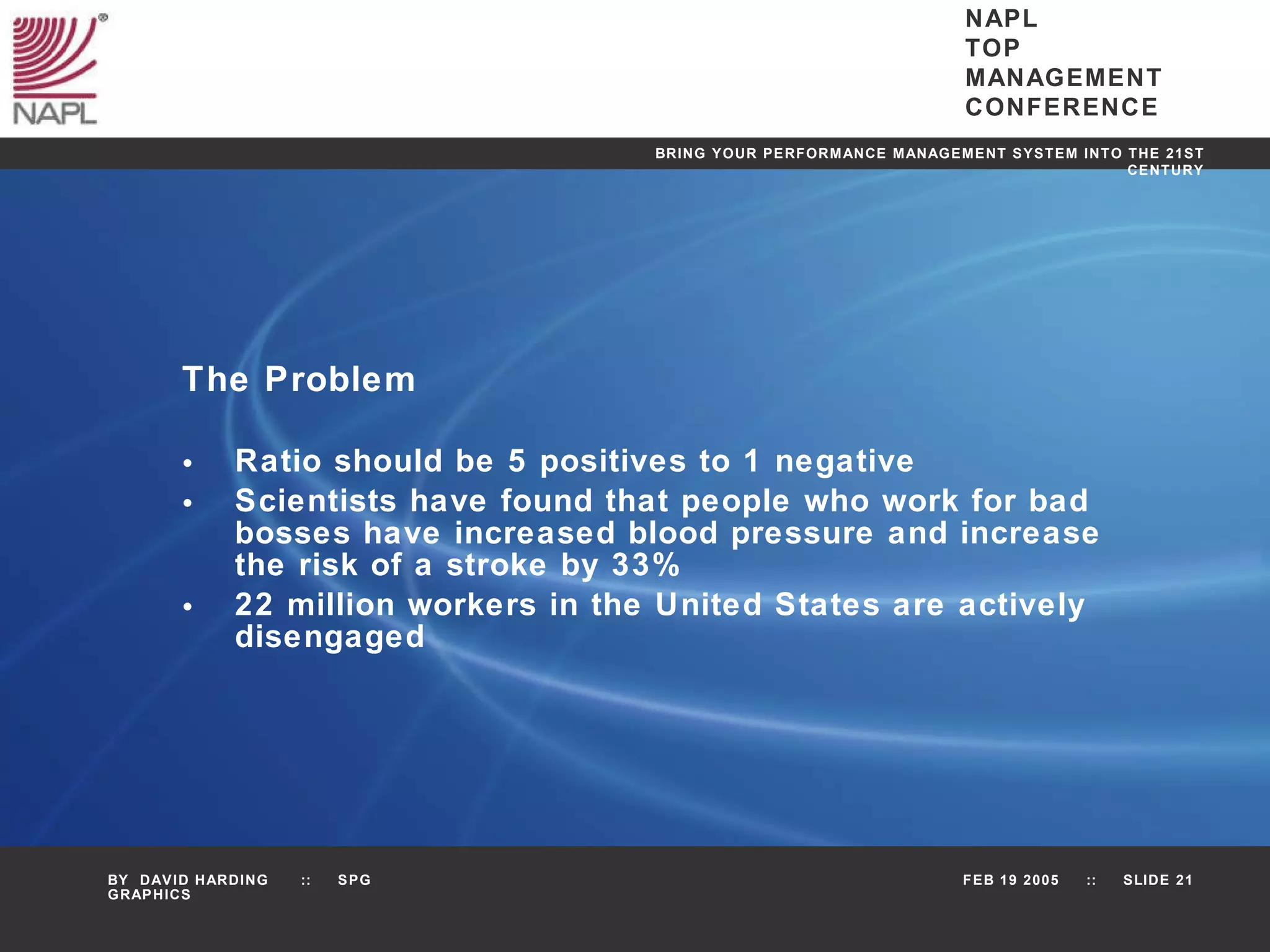 The Problem Ratio should be 5 positives to 1 negative Scientists have found that people who work for bad bosses have increased blood pressure and increase the risk of a stroke by 33% 22 million workers in the United States are actively disengaged 