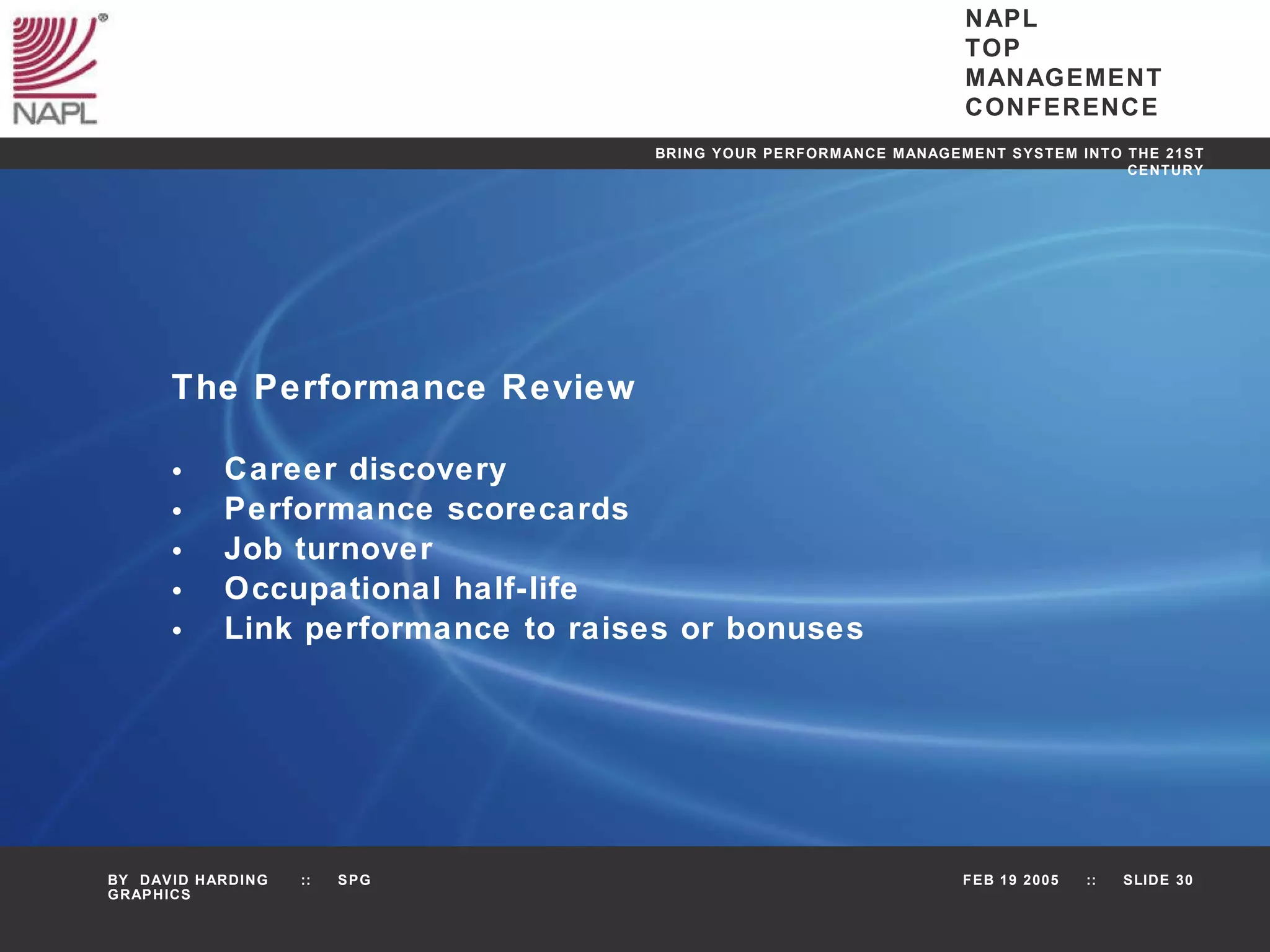 The Performance Review Career discovery Performance scorecards Job turnover Occupational half-life Link performance to raises or bonuses 