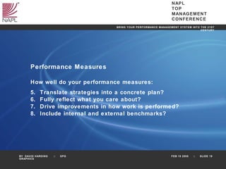 Performance Measures How well do your performance measures: Translate strategies into a concrete plan? Fully reflect what you care about? Drive improvements in how work is performed? Include internal and external benchmarks? 