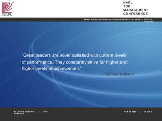 “ Great leaders are never satisfied with current levels  of performance. They constantly strive for higher and  higher levels of achievement.” - Donna Harrison 