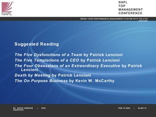 <ul><li>Suggested Reading </li></ul><ul><li>The Five Dysfunctions of a Team  by Patrick Lencioni </li></ul><ul><li>The Fiv...