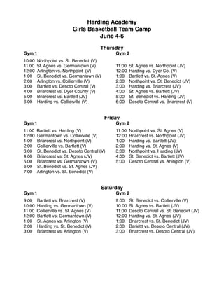Harding Academy
Girls Basketball Team Camp
June 4-6
Thursday
Gym 1 Gym 2
10:00  Northpoint vs. St. Benedict (V)           
11:00  St. Agnes vs. Germantown (V)             11:00  St. Agnes vs. Northpoint (JV)
12:00  Arlington vs. Northpoint  (V)              12:00 Harding vs. Dyer Co. (V)
1:00    St. Benedict vs. Germantown (V) 1:00 Bartlett vs. St. Agnes (V)
2:00    Arlington vs. Collierville (V) 2:00 Northpoint vs. St. Benedict (JV)
3:00    Bartlett vs. Desoto Central (V) 3:00 Harding vs. Briarcrest (JV)
4:00    Briarcrest vs. Dyer County (V) 4:00 St. Agnes vs. Bartlett (JV)
5:00    Briarcrest vs. Bartlett (JV)               5:00 St. Benedict vs. Harding (JV)
6:00    Harding vs. Collierville (V) 6:00 Desoto Central vs. Briarcrest (V)
Friday
Gym 1 Gym 2
11:00  Bartlett vs. Harding (V) 11:00 Northpoint vs. St. Agnes (V)
12:00  Germantown vs. Collierville (V) 12:00 Briarcrest vs. Northpoint (JV)
1:00    Briarcrest vs. Northpoint (V) 1:00 Harding vs. Bartlett (JV)
2:00    Collierville vs. Bartlett (V) 2:00 Harding vs. St. Agnes (V)
3:00    St. Benedict vs. Desoto Central (V) 3:00 Northpoint vs. Harding (JV)
4:00    Briarcrest vs. St. Agnes (JV) 4:00 St. Benedict vs. Bartlett (JV)
5:00    Briarcrest vs. Germantown (V) 5:00 Desoto Central vs. Arlington (V)
6:00    St. Benedict vs. St. Agnes (JV)
7:00 Arlington vs. St. Benedict (V)
Saturday
Gym 1 Gym 2
9:00    Bartlett vs. Briarcrest (V) 9:00 St. Benedict vs. Collierville (V)
10:00  Harding vs. Germantown (V) 10:00 St. Agnes vs. Bartlett (JV)
11:00  Collierville vs. St. Agnes (V) 11:00 Desoto Central vs. St. Benedict (JV)
12:00  Bartlett vs. Germantown (V) 12:00 Harding vs. St. Agnes (JV)
1:00    St. Agnes vs. Arlington (V) 1:00 Briarcrest vs. St. Benedict (JV)
2:00    Harding vs. St. Benedict (V) 2:00 Barlettt vs. Desoto Central (JV)
3:00    Briarcrest vs. Arlington (V) 3:00 Briarcrest vs. Desoto Central (JV)
 