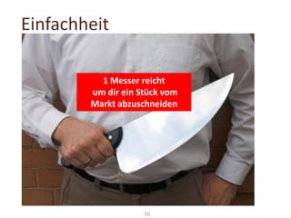 Einfachheit
1 Messer reicht
um dir ein Stück vom
Markt abzuschneiden

36

 