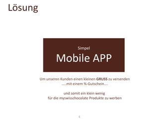 Lösung

Simpel

Mobile APP
Um unseren Kunden einen kleinen GRUSS zu versenden
…..mit einem %-Gutschein….
und somit ein klein wenig
für die myswisschocolate Produkte zu werben

4

 