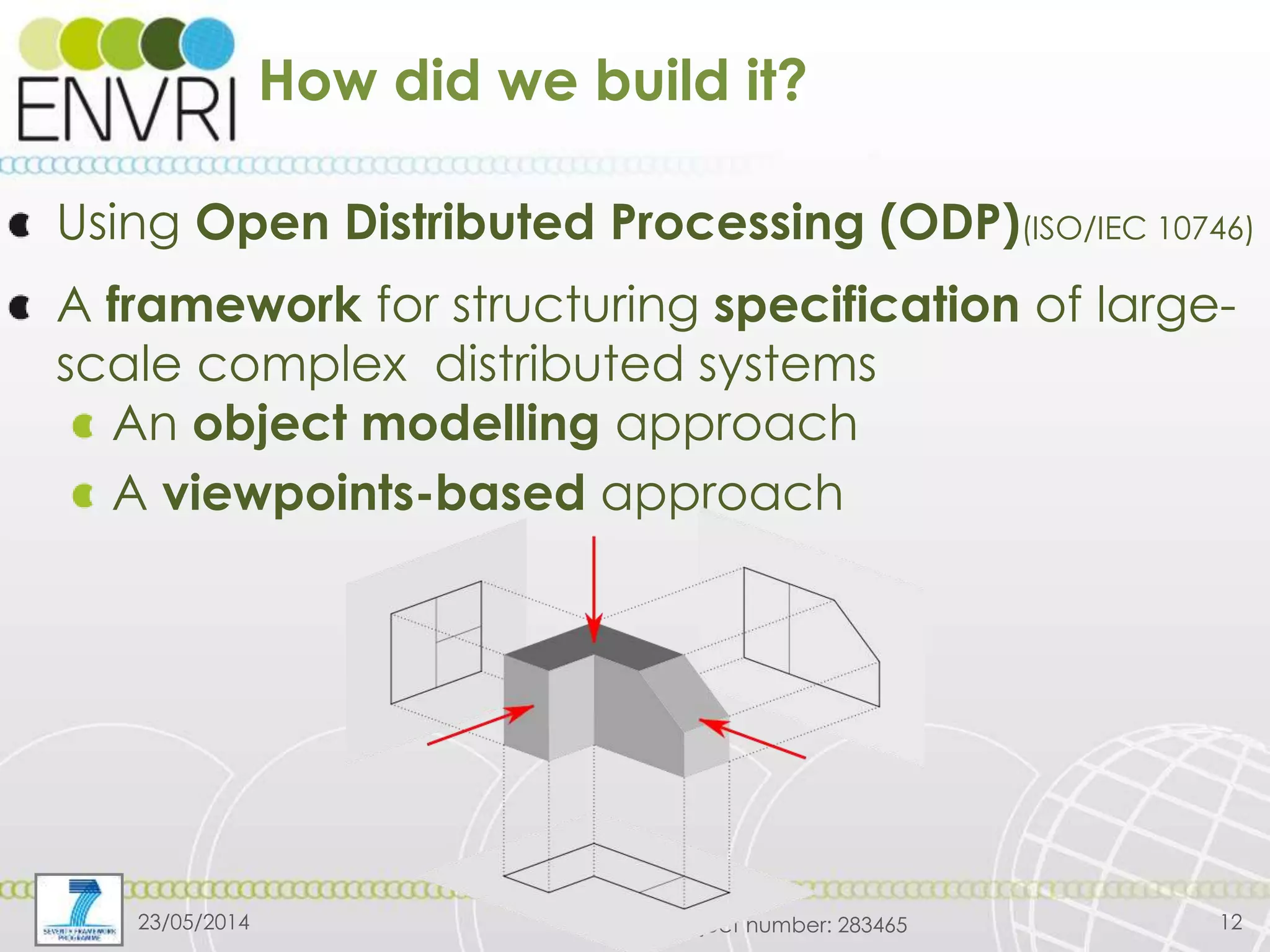 Project number: 283465
How did we build it?
Using Open Distributed Processing (ODP)(ISO/IEC 10746)
A framework for structuring specification of large-
scale complex distributed systems
An object modelling approach
A viewpoints-based approach
23/05/2014 12
 