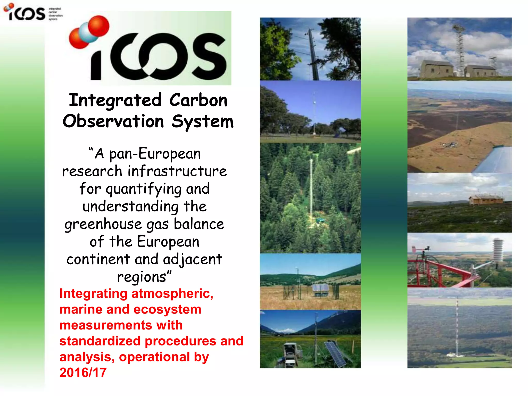 Integrated Carbon
Observation System
“A pan-European
research infrastructure
for quantifying and
understanding the
greenhouse gas balance
of the European
continent and adjacent
regions”
Integrating atmospheric,
marine and ecosystem
measurements with
standardized procedures and
analysis, operational by
2016/17
 