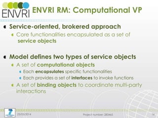 Project number: 283465
ENVRI RM: Computational VP
Service-oriented, brokered approach
Core functionalities encapsulated as a set of
service objects
Model defines two types of service objects
A set of computational objects
Each encapsulates specific functionalities
Each provides a set of interfaces to invoke functions
A set of binding objects to coordinate multi-party
interactions
23/05/2014 16
 