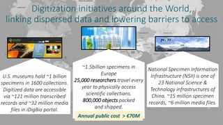 Digitization initiatives around the World,
linking dispersed data and lowering barriers to access
U.S. museums hold ~1 billion
specimens in 1600 collections.
Digitized data are accessible
via ~121 million transcribed
records and ~32 million media
files in iDigBio portal.
National Specimen Information
Infrastructure (NSII) is one of
23 National Science &
Technology infrastructures of
China. ~15 million specimen
records, ~6 million media files.
~1.5billion specimens in
Europe
25,000 researchers travel every
year to physically access
scientific collections.
800,000 objects packed
and shipped.
Annual public cost > €70M
 