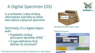 A Digital Specimen (DS)
Is a container, a box of data,
information and links to other
data about a physical specimen
Technically, it’s a digital object
with:
• A globally unique
persistent identifier (PID)*
• A type definition that
defines its structure#
Metadata outside, content inside
Proposed structure
*Resolvable via well-known resolver #Accessible via a type registry
Box No.
 