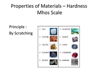 Properties of Materials – Hardness
Mhos Scale
Principle :
By Scratching
 