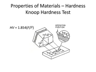 Properties of Materials – Hardness
Knoop Hardness Test
HV = 1.854(F/l2)
 