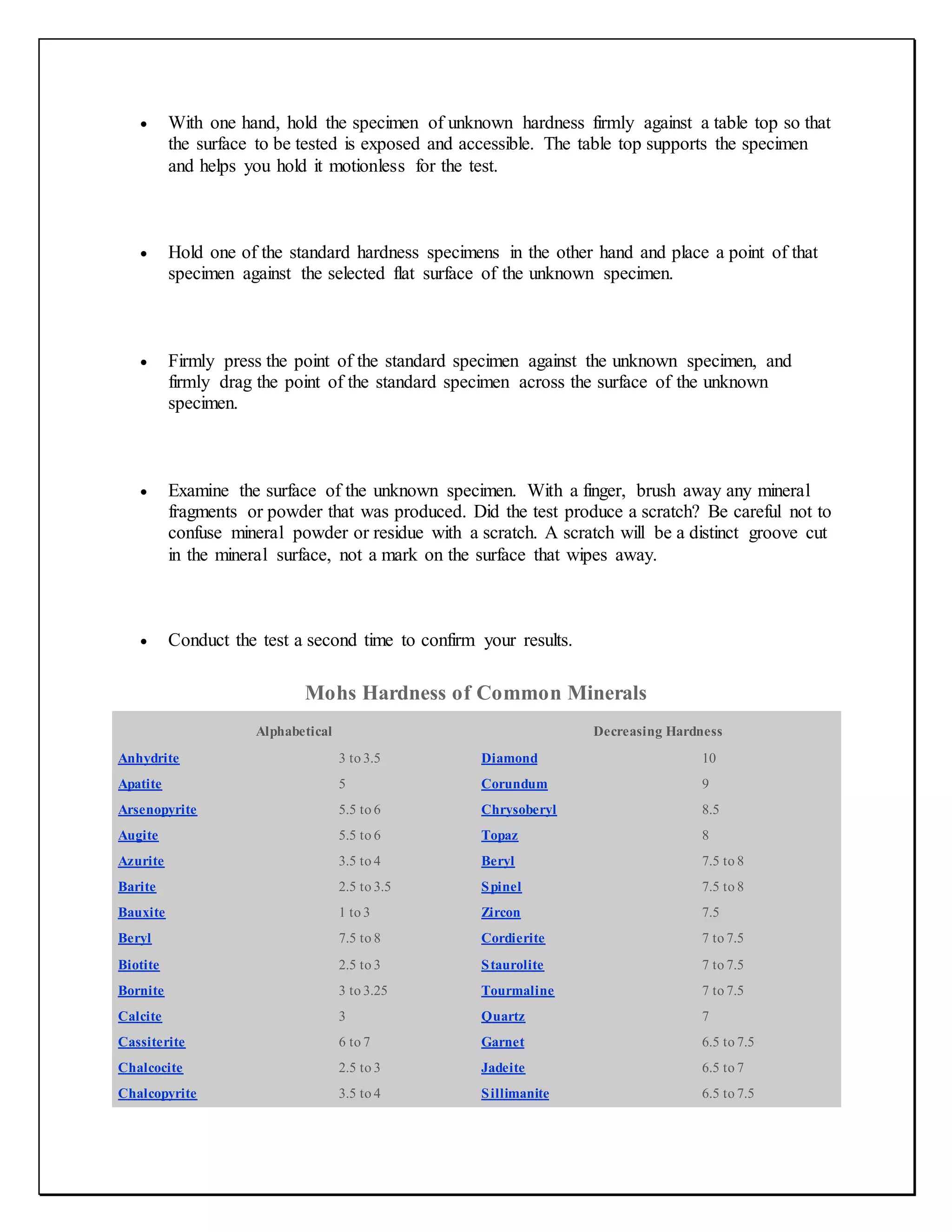  With one hand, hold the specimen of unknown hardness firmly against a table top so that
the surface to be tested is exposed and accessible. The table top supports the specimen
and helps you hold it motionless for the test.
 Hold one of the standard hardness specimens in the other hand and place a point of that
specimen against the selected flat surface of the unknown specimen.
 Firmly press the point of the standard specimen against the unknown specimen, and
firmly drag the point of the standard specimen across the surface of the unknown
specimen.
 Examine the surface of the unknown specimen. With a finger, brush away any mineral
fragments or powder that was produced. Did the test produce a scratch? Be careful not to
confuse mineral powder or residue with a scratch. A scratch will be a distinct groove cut
in the mineral surface, not a mark on the surface that wipes away.
 Conduct the test a second time to confirm your results.
Mohs Hardness of Common Minerals
Alphabetical
Anhydrite 3 to 3.5
Apatite 5
Arsenopyrite 5.5 to 6
Augite 5.5 to 6
Azurite 3.5 to 4
Barite 2.5 to 3.5
Bauxite 1 to 3
Beryl 7.5 to 8
Biotite 2.5 to 3
Bornite 3 to 3.25
Calcite 3
Cassiterite 6 to 7
Chalcocite 2.5 to 3
Chalcopyrite 3.5 to 4
Decreasing Hardness
Diamond 10
Corundum 9
Chrysoberyl 8.5
Topaz 8
Beryl 7.5 to 8
Spinel 7.5 to 8
Zircon 7.5
Cordierite 7 to 7.5
Staurolite 7 to 7.5
Tourmaline 7 to 7.5
Quartz 7
Garnet 6.5 to 7.5
Jadeite 6.5 to 7
Sillimanite 6.5 to 7.5
 