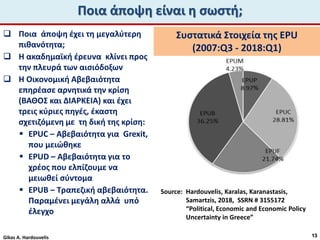 Ποια άποψη είναι η σωστή;
 Ποια άποψη έχει τη μεγαλύτερη
πιθανότητα;
 Η ακαδημαϊκή έρευνα κλίνει προς
την πλευρά των αισιόδοξων
 Η Οικονομική Αβεβαιότητα
επηρέασε αρνητικά την κρίση
(ΒΑΘΟΣ και ΔΙΑΡΚΕΙΑ) και έχει
τρεις κύριες πηγές, έκαστη
σχετιζόμενη με τη δική της κρίση:
 EPUC – Αβεβαιότητα για Grexit,
που μειώθηκε
 EPUD – Αβεβαιότητα για το
χρέος που ελπίζουμε να
μειωθεί σύντομα
 EPUB – Τραπεζική αβεβαιότητα.
Παραμένει μεγάλη αλλά υπό
έλεγχο
13Gikas A. Hardouvelis
Συστατικά Στοιχεία της EPU
(2007:Q3 - 2018:Q1)
Source: Hardouvelis, Karalas, Karanastasis,
Samartzis, 2018, SSRN # 3155172
“Political, Economic and Economic Policy
Uncertainty in Greece”
 