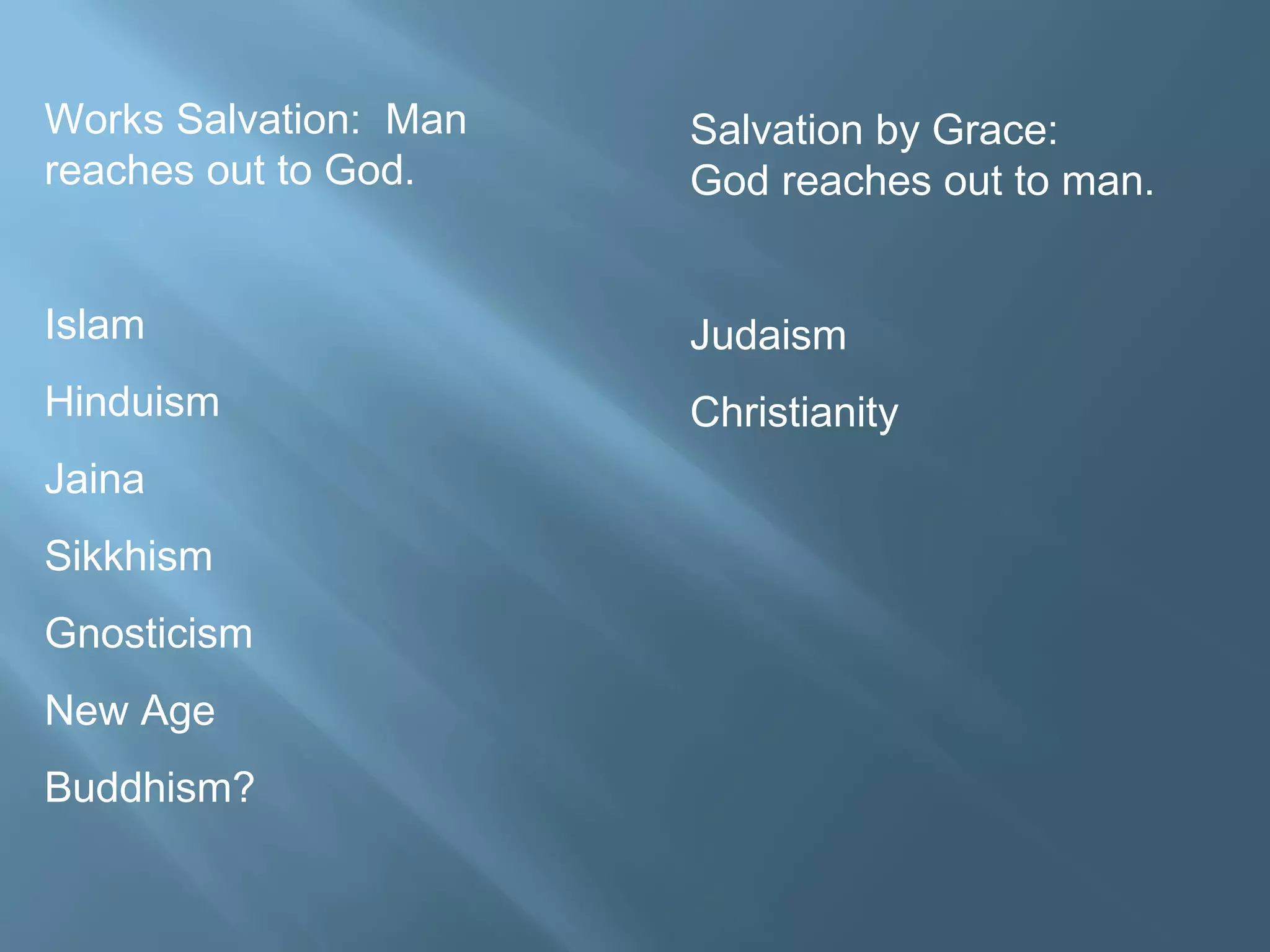 Works Salvation: Man
reaches out to God.
Islam
Hinduism
Jaina
Sikkhism
Gnosticism
New Age
Buddhism?
Salvation by Grace:
God reaches out to man.
Judaism
Christianity
 