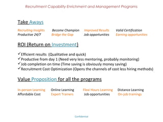Recruitment Capability Enrichment
              and Management Programs


Certified Placement Professional
For Placement Officers / Head - Improve your placement results
Gain confidence of your clients.

Are you a placement officer / Manager wondering how to turn your efforts into
results? Here we go, Hirington Academy can provide you the required tips and
tricks on the best practices in an educational placement business.

Understanding your present placement method
Discussion / Suggestion on glabally accepted methods
Periodical recruitment auditing on placement activities
Tips / Tricks on creating better placement strategies.
Competency based approach.
Implementation and follow ups.




                            Confidential – Academy Profile
 
