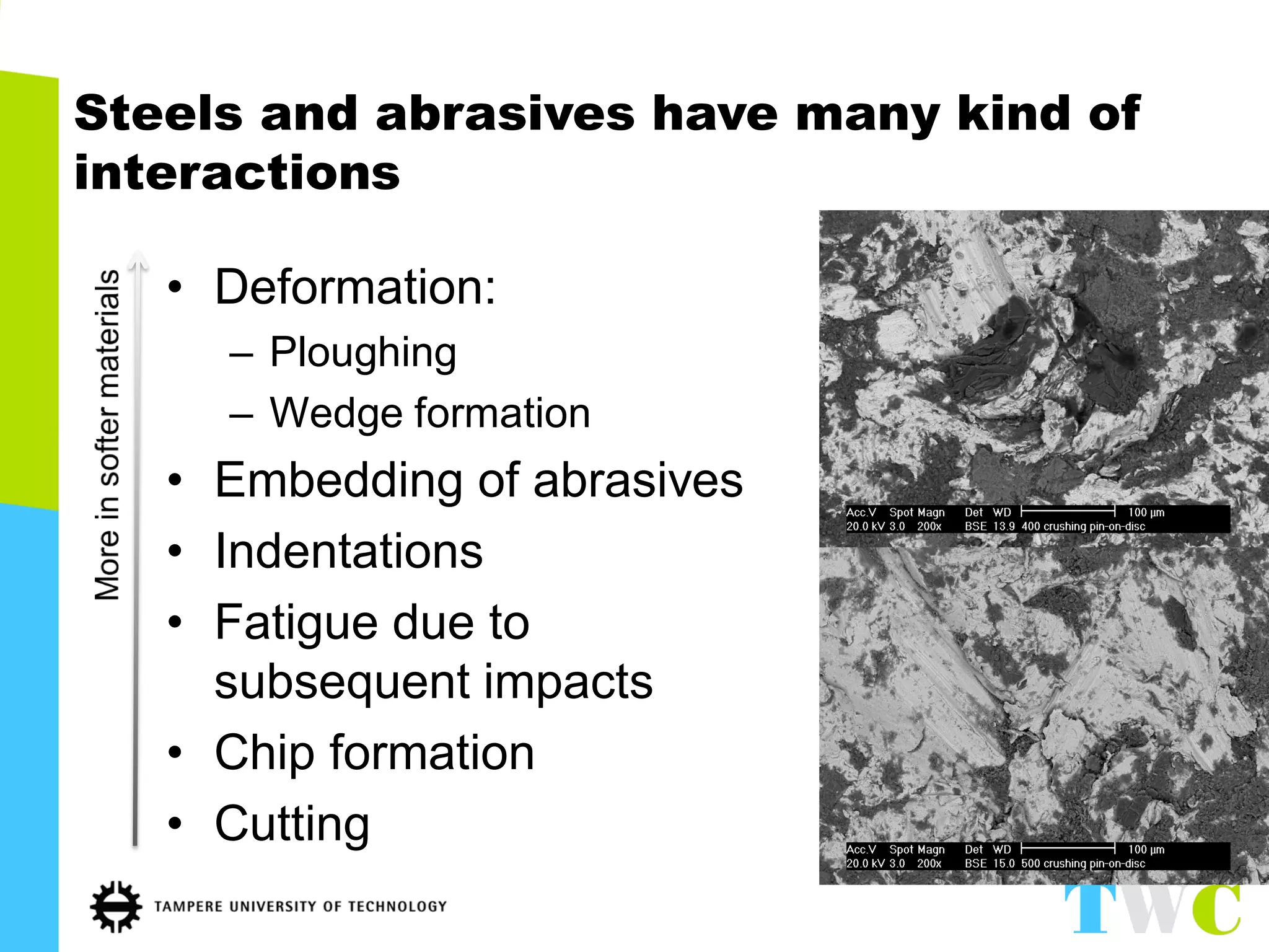 Steels and abrasives have many kind of interactions 
•Deformation: 
–Ploughing 
–Wedge formation 
•Embedding of abrasives 
•Indentations 
•Fatigue due to subsequent impacts 
•Chip formation 
•Cutting  