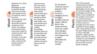 Wood
Whether if it is Teak,
Redwood,
Mahogany or even
Composite Wood,
they are one of the
most popular kinds
of materials used in
furniture
manufacturing. One
of the highest
demanded material
anywhere in the
world. The lifespan
of wood also beats
many other types of
material and it’s also
very simple to
maintain. It can also
be combined with
other materials like
stainless steel or
even leather.
Stainlesssteel
Stainless Steel
does not easily
corrode, rust or
even stained by
water which
normal steel does.
They are highly
durable and last
for a long time
with proper care
and maintenance.
Using water jet
cutting
technology,
Stainless steel can
be manufactured
in many shapes
and sizes and can
be stored away
without having to
take up alot of
space.
Cane
An all natural
material, Cane is
popular in the
outdoor
furniture
category due to
its highly
durable material
aspect. Able to
bent it any
shape and size,
Cane can create
many designs
that the mind
can imagine and
is rather
affordable for
the mass
market.
Plastic
One of the popular
characteristics of plastic
material are that it is
lightweight and are able
to meet the budget of the
low budget consumer.
Plastic is very suitable for
the outdoors and comes
in a variety of colours.
However, Plastic material
furniture loses it’s
strength over time and if
exposed to heavy weight
over a long period of time,
the parts might bend and
its colour will fade
overtime. Higher grades
Plastic materials are more
resistant to such problems
even though they cost a
bit more than normal
plastic materials.
 
