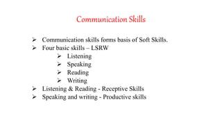 Communication Skills
 Communication skills forms basis of Soft Skills.
 Four basic skills – LSRW
 Listening
 Speaking
 Reading
 Writing
 Listening & Reading - Receptive Skills
 Speaking and writing - Productive skills
 