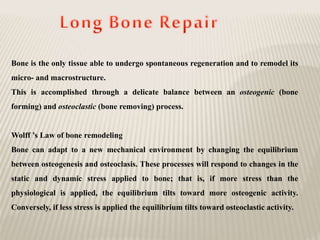 Bone is the only tissue able to undergo spontaneous regeneration and to remodel its
micro- and macrostructure.
This is accomplished through a delicate balance between an osteogenic (bone
forming) and osteoclastic (bone removing) process.
Wolff ’s Law of bone remodeling
Bone can adapt to a new mechanical environment by changing the equilibrium
between osteogenesis and osteoclasis. These processes will respond to changes in the
static and dynamic stress applied to bone; that is, if more stress than the
physiological is applied, the equilibrium tilts toward more osteogenic activity.
Conversely, if less stress is applied the equilibrium tilts toward osteoclastic activity.
 