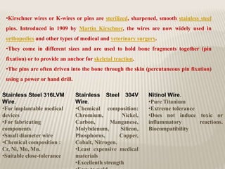 •Kirschner wires or K-wires or pins are sterilized, sharpened, smooth stainless steel
pins. Introduced in 1909 by Martin Kirschner, the wires are now widely used in
orthopedics and other types of medical and veterinary surgery.
•They come in different sizes and are used to hold bone fragments together (pin
fixation) or to provide an anchor for skeletal traction.
•The pins are often driven into the bone through the skin (percutaneous pin fixation)
using a power or hand drill.
Stainless Steel 316LVM
Wire.
•For implantable medical
devices
•For fabricating
components
•Small diameter wire
•Chemical composition :
Cr, Ni, Mo, Mn.
•Suitable close-tolerance
Stainless Steel 304V
Wire.
•Chemical composition:
Chromium, Nickel,
Carbon, Manganese,
Molybdenum, Silicon,
Phosphorus, Copper,
Cobalt, Nitrogen.
•Least expensive medical
materials
•Excellenth strength
Nitinol Wire.
•Pure Titanium
•Extreme tolerance
•Does not induce toxic or
inflammatory reactions.
Biocompatibility
 