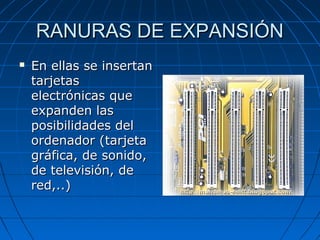 RANURAS DE EXPANSIÓN


En ellas se insertan
tarjetas
electrónicas que
expanden las
posibilidades del
ordenador (tarjeta
gráfica, de sonido,
de televisión, de
red,..)

 