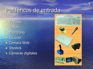 Periféricos de entrada Teclado Ratón Micrófono Escáner Cámara Web Joystick Cámaras digitales