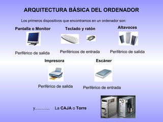 ARQUITECTURA BÁSICA DEL ORDENADOR Los primeros dispositivos que encontramos en un ordenador son: Pantalla o Monitor Periférico de salida Teclado y ratón Periféricos de entrada Impresora Periférico de salida Periférico de salida Altavoces y……….. La  CAJA  o  Torre Escáner Periférico de entrada 