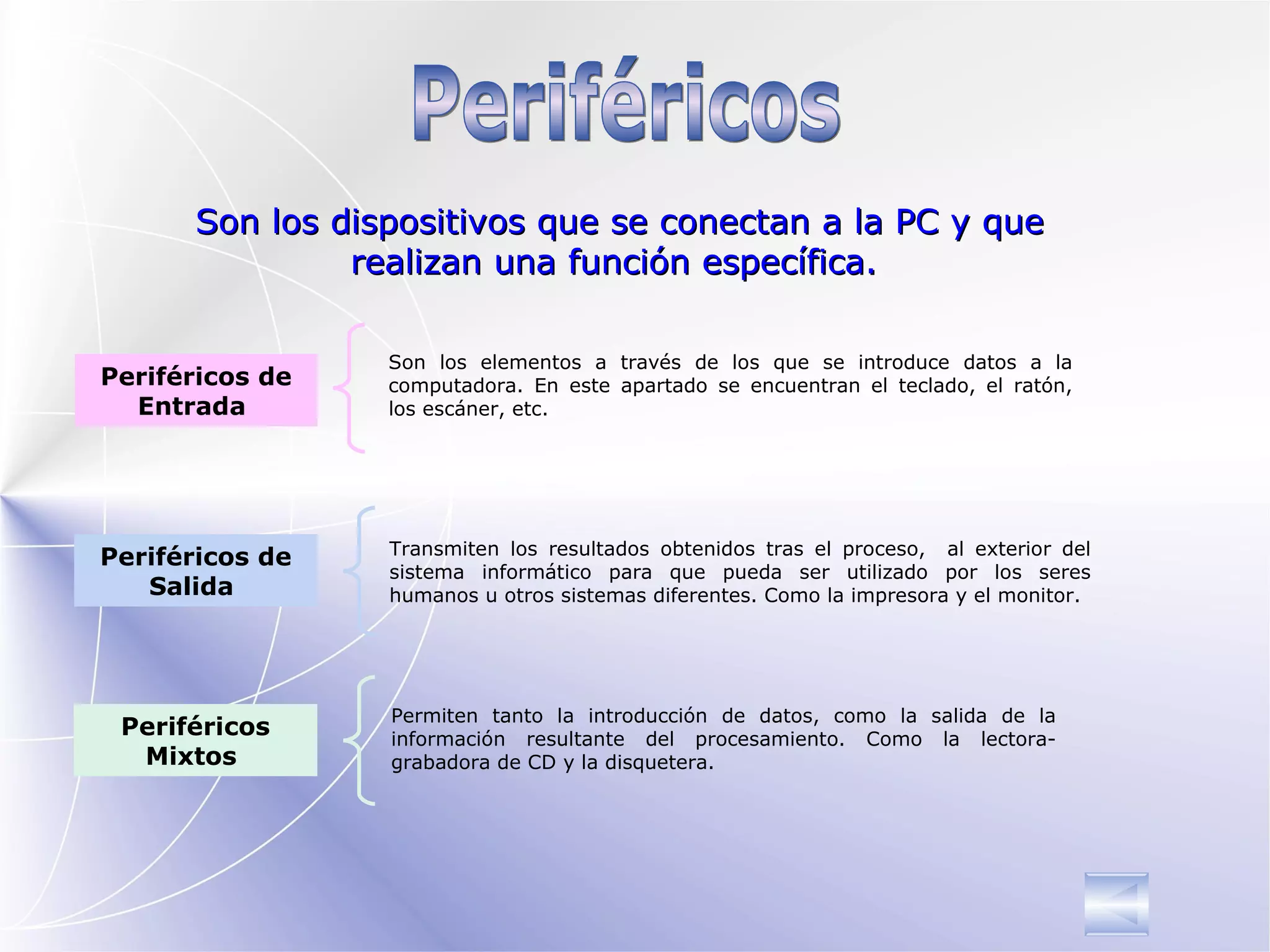 Periféricos Son los dispositivos que se conectan a la PC y que realizan una función específica.   Periféricos de Entrada   Periféricos de Salida   Periféricos Mixtos   Son los elementos a través de los que se introduce  datos  a la computadora.   En este apartado se encuentran el teclado, el ratón, los escáner, etc. Transmiten   los resultados obtenidos   tras el proceso ,   al exterior del sistema informático para que pueda   ser utilizado por los seres humanos u otros sistemas diferentes.  Como la impresora y el monitor. Permiten tanto la introducción de datos, como la salida de la información resultante del procesamiento. Como la lectora-grabadora de CD y la disquetera. 