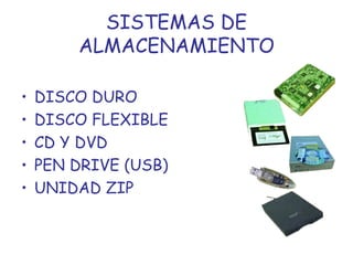 SISTEMAS DE ALMACENAMIENTO DISCO DURO DISCO FLEXIBLE CD Y DVD PEN DRIVE (USB) UNIDAD ZIP