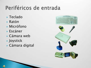 TecladoRatónMicrófonoEscánerCámara webJoystickCámara digitalPeriféricos de entrada