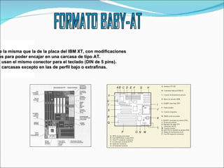 FORMATO BABY-AT La especificación Baby-AT es esencialmente la misma que la de la placa del IBM XT, con modificaciones  en la posición de los agujeros de los tornillos para poder encajar en una carcasa de tipo AT.  Virtualmente todas las placas AT y Baby-AT usan el mismo conector para el teclado (DIN de 5 pins).  Las placas Baby-AT encajan en todo tipo de carcasas excepto en las de perfil bajo o extrafinas.   