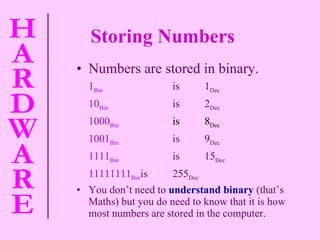 Storing Numbers Numbers are stored in binary. 1 Bin  is  1 Dec 10 Bin  is   2 Dec 1000 Bin  is  8 Dec 1001 Bin  is 9 Dec 1111 Bin is 15 Dec 11111111 Bin is 255 Dec You don’t need to  understand binary   (that’s Maths) but you do need to know that it is how most numbers are stored in the computer. 