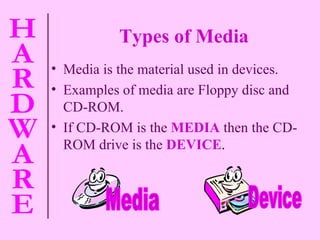 Types of Media Media is the material used in devices. Examples of media are Floppy disc and  CD-ROM. If CD-ROM is the   MEDIA   then the CD-ROM drive is the   DEVICE . Media Device 