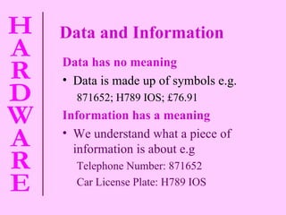 Data and Information Data has no meaning Data is made up of symbols e.g. 871652; H789 IOS; £76.91 Information has a meaning We understand what a piece of information is about e.g Telephone Number: 871652 Car License Plate: H789 IOS 