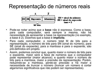 Representação de números reais
• Pode-se notar acima que a base não é expressa. Como a base,
para cada computador, será sempre a mesma, não há
necessidade de apresentar a base na representação (no exemplo,
a base é 2). Dizemos que a base é implícita.
• Para cada computador, o número total M de bits para a
representação, o número de bits para SN (sinal do número), para
SE (sinal do expoente), para a mantissa e para o expoente, são
pré-definidos em projeto.
• Assim, podemos concluir que, quanto maior o número de bits para
o expoente, maior será a faixa de números que o computador
pode representar (maior alcance); e quanto maior o número de
bits para a mantissa, maior a precisão da representação. Porém,
reduzindo-se a mantissa, perde-se precisão e há maior a
necessidade de truncar o número (truncar um número é cortar
algarismos significativos que não podem ser representados).
 