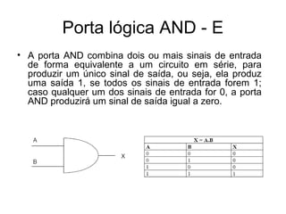 Porta lógica AND - E
• A porta AND combina dois ou mais sinais de entrada
de forma equivalente a um circuito em série, para
produzir um único sinal de saída, ou seja, ela produz
uma saída 1, se todos os sinais de entrada forem 1;
caso qualquer um dos sinais de entrada for 0, a porta
AND produzirá um sinal de saída igual a zero.
 