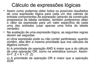 Cálculo de expressões lógicas
• Assim como podemos obter todos os possíveis resultados
de uma expressão lógica para cada um dos valores de
entrada componentes da expressão (através da construção
progressiva da tabela verdade), também poderemos obter
o valor da expressão para um valor específico de cada
uma das entradas (usar apenas uma linha da tabela
verdade).
• Na avaliação de uma expressão lógica, as seguintes regras
devem ser seguidas:
a) Uma expressão pode ou não conter parênteses; quando
contêm, eles têm a mesma prioridade que nos cálculos da
álgebra comum;
b) A prioridade da operação AND é maior que a do cálculo
de uma operação OR, como na aritmética comum. Assim:
X+Y .Z = X + (Y .Z)
c) A prioridade da operação OR é maior que a operação
XOR
 