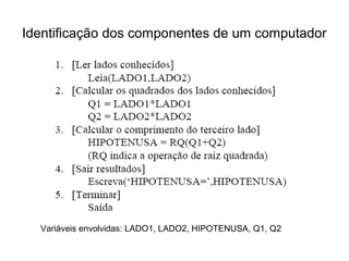 Identificação dos componentes de um computador
Variáveis envolvidas: LADO1, LADO2, HIPOTENUSA, Q1, Q2
 