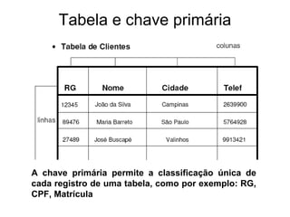 Tabela e chave primária
A chave primária permite a classificação única de
cada registro de uma tabela, como por exemplo: RG,
CPF, Matrícula
 
