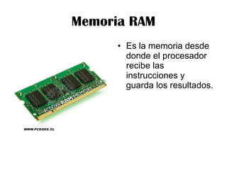 Memoria RAM Es la memoria desde donde el procesador recibe las instrucciones y guarda los resultados.  