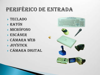 TecladoRatónMicrófonoEscánerCámara webJoystickCámara digitalPeriférico de entrada