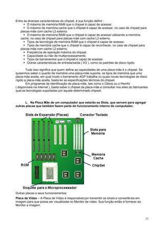 Entre as diversas características do chipset, é sua função definir :
        O máximo de memória RAM que o chipset é capaz de acessar.
        O máximo de memória cache que o chipset é capaz de acessar, no caso de chipset para
   placas-mãe com cache L2 externo.
        O máximo de memória RAM que o chipset é capaz de acessar utilizando a memória
   cache, no caso de chipset para placas-mãe com cache L2 externo.
        Tipos de tecnologia de memória RAM que o chipset é capaz de acessar.
        Tipos de memória cache que o chipset é capaz de reconhecer, no caso de chipset para
   placas-mãe com cache L2 externo.
        Freqüência de operação máxima do chipset.
        Capacidade ou não de multiprocessamento.
        Tipos de barramentos que o chipset é capaz de acessar.
        Outras características de entrada/saída ( I/O ), como os padrões de disco rígido.

        Tudo isso significa que quem define as capacidades de uma placa-mãe é o chipset. Se
quisermos saber o quanto de memória uma placa-mãe suporta, os tipos de memória que uma
placa-mãe aceita, em qual modo o barramento AGP trabalha ou quais novas tecnologias de disco
rígido a placa-mãe aceita, basta ler as especificações técnicas do chipset.
        Em programas de identificação de placa-mãe, tais como o Ctbios ou o Hwinfo
( disponíveis na internet ), basta saber o chipset da placa-mãe e consultar nos sites do fabricantes
qual as tecnologias suportadas por aquele determinado chipset.


       L. Na Placa Mãe de um computador que estarão os Slots, que servem para agregar
outras placas que também fazem parte do funcionamento interno do computador.




Outras placas e seus funcionamentos
Placa de Vídeo – A Placa de Vídeo é responsável por transmitir os sinais e convertê-los em
imagem para que possa ser visualizada no Monitor de vídeo. Sua função então é fornecer ao
Monitor a imagem.



                                                                                                  23
 
