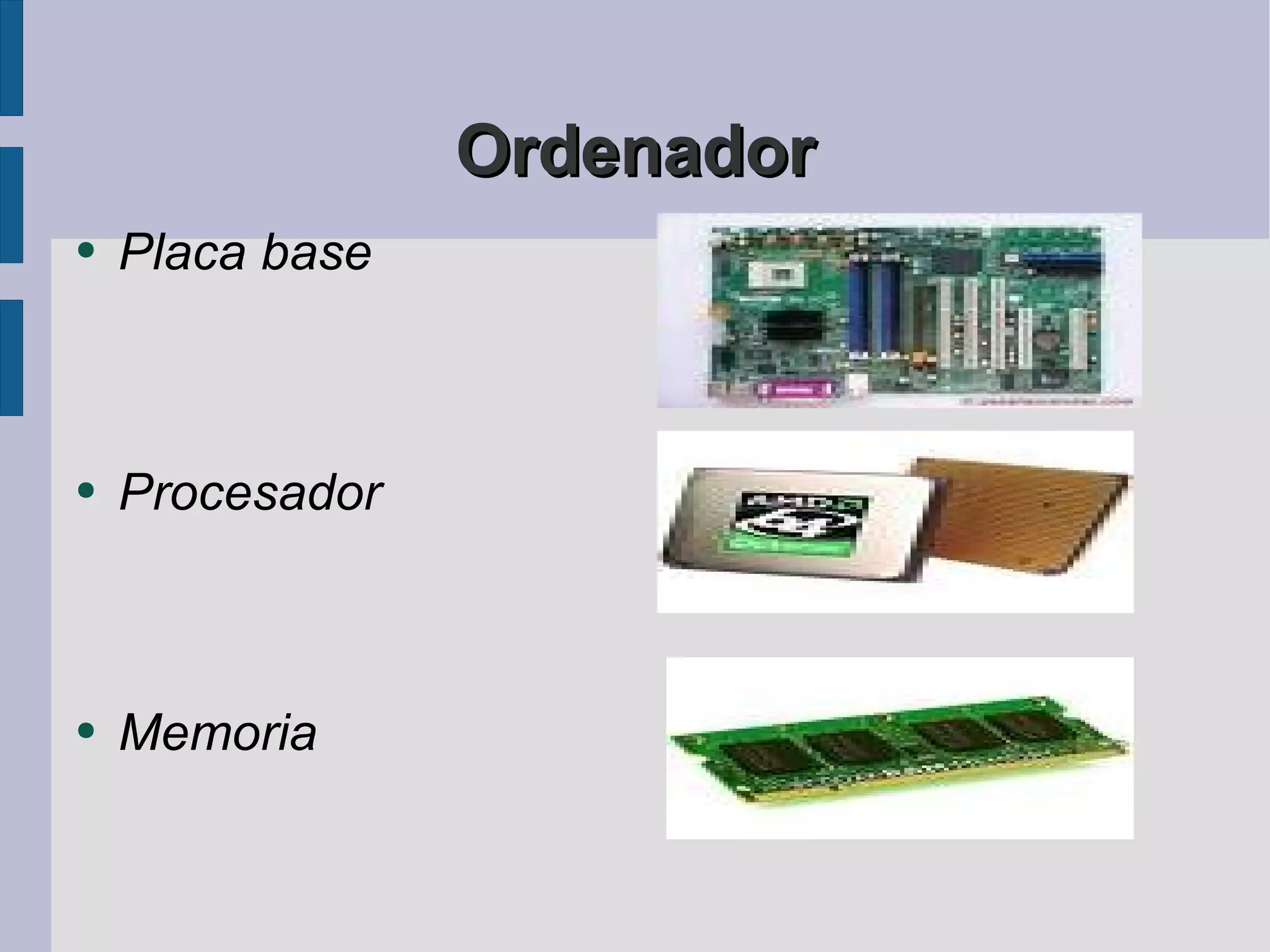 Ordenador Placa base Procesador Memoria 