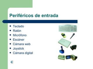 Periféricos de entrada
Teclado
Ratón
Micrófono
Escáner
Cámara web
Joystick
Cámara digital