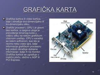 GRAFIČKA KARTA
Grafička kartica ili video kartica,
daje i obrađuje dvo-dimenzijalnu ili
tro-dimenzijalnu sliku.
Grafički procesor ( GPU ) je glavni
deo kartice, a njegova uloga je
prevođenje binarnog koda u
vidljivu sliku na nekom grafičkom
izlaznom uređaju. CPU u saradnji
sa nekim softverom, kao sto je
recimo neka video igra, šalje
informacije grafičkom procesoru
koji potom obrađuje dobijene
informacije i šalje ih na monitor.
Grafička kartica se ugrađuje u
matični ploču, obično u AGP ili
PCI Express.



                                       14
 