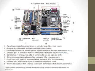 1
                                              8
            9

                                                                                                            2
          8
                                                                                                                3

        8
                                                                                                                4

                                                                                                5

                                 7                                6
1 – Painel traseiro da placa, onde temos as entradas para vídeo , rede e som.
2 – Soquete do processador. Ali fica armazenado o processador.
3 – Entrada para o cabo de alimentação do processador (mais detalhes no assunto FONTE).
4 – Entradas para os pentes de memória RAM (mais detalhes no assunto MEMORIA).
5 – Conector de 24 pinos para o cabo de alimentação que liga a placa à fonte.
6 – Conector mais antigo usado para ligar a placa ao HD e a outros drivers.
7 – Conectores mais recentes usados para ligar a placa ao HD e a outros drivers.
8 – Entradas para diversas outras placas off-board, como vídeo e som.
9 – Mesma descrição do item anterios, porém com menor capacidade de armazenamento.
* Para o completo entendimento da placa-mãe, é necessário o estudo dos outros componentes que veremos nos
próximos itens
 