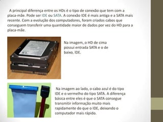 A principal diferença entre os HDs é o tipo de conexão que tem com a
placa-mãe. Pode ser IDE ou SATA. A conexão IDE é mais antiga e a SATA mais
recente. Com a evolução dos computadores, foram criados cabos que
conseguem transferir uma quantidade maior de dados por vez do HD para a
placa-mãe.


                                 Na imagem, o HD de cima
                                 possui entrada SATA e o de
                                 baixo, IDE.




                             Na imagem ao lado, o cabo azul é do tipo
                            IDE e o vermelho do tipo SATA. A diferença
                            básica entre eles é que o SATA consegue
                            transmitir informação muito mais
                            rapidamente do que o IDE, deixando o
                            computador mais rápido.
 