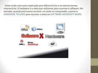 Existe ainda uma outra explicação para diferenciá-los e ao mesmo tempo
relacioná-los. O hardware é o meio que utilizamos para usarmos o software. Por
exemplo, quando precisamos escrever um texto no computador, usamos o
HARDWARE TECLADO para escrever o texto no SOFTWARE MICROSOFT WORD.
 